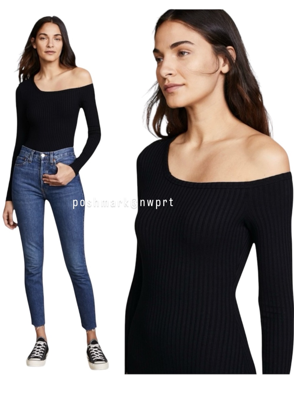 TWENTY TEES Harmony Ribbed Off Shoulder Bodysuit Top Black XS - Picture 8 of 8